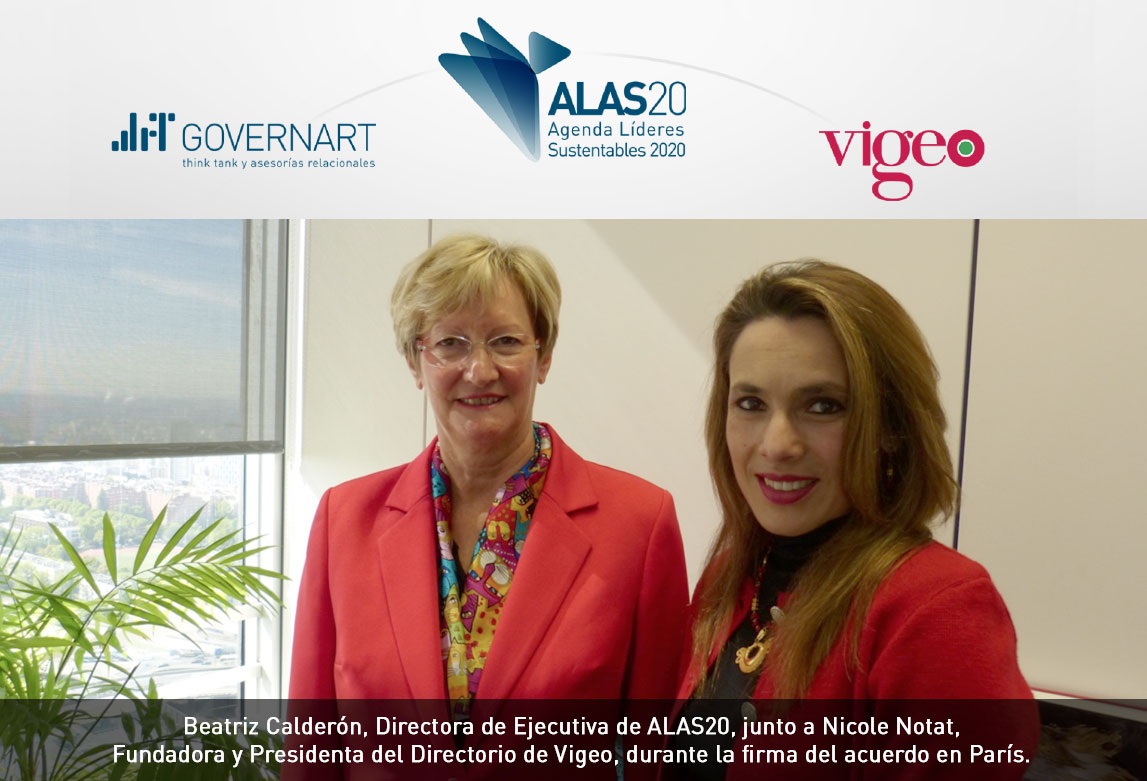 Beatriz Calderón, Directora de Investigación y Formación de GovernArt, junto a Nicole Notat, Fundadora y Presidenta del Directorio de Vigeo, durante la firma del acuerdo en Paris.